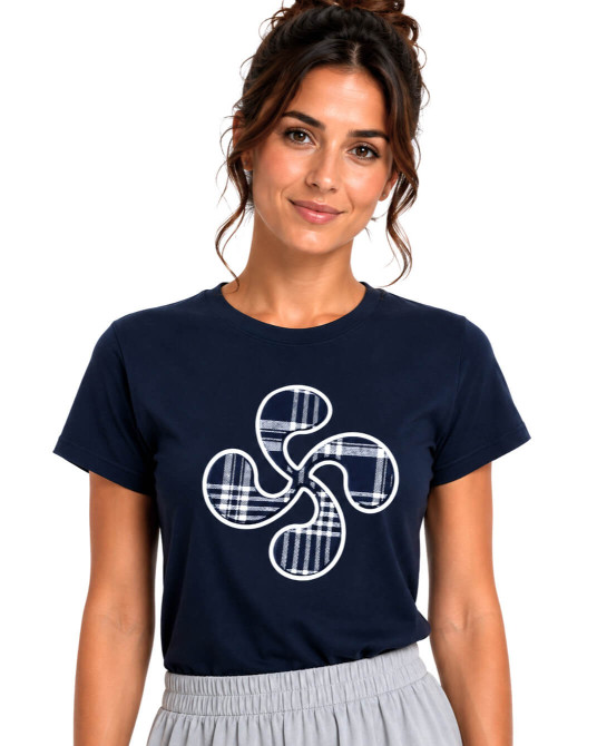 Camiseta Azul Mujer Lauburu Cuadros - Trajes Regionales Vascos