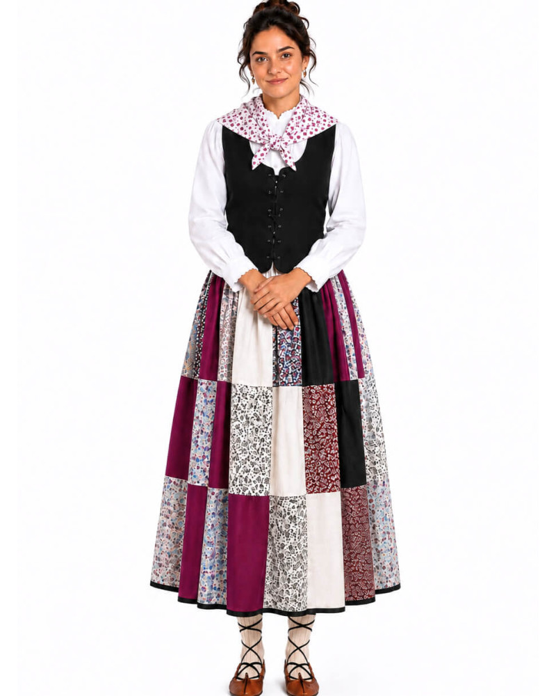 Traje de Neska Morado Patchwork Corpiño Mujer - Euskal Jantziak