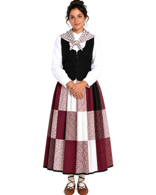 Traje de Neska Granate Patchwork Corpiño Mujer - Euskal Jantziak